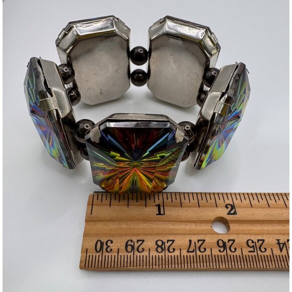 Chunky Rainbow Vitriol Glass Stretch Bracelet - Rectangular Panels - Silver Tone - Picture 9 of 10